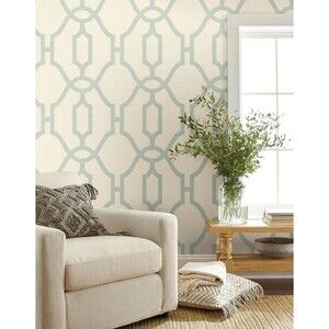 MAGNOLIA HOME Joanna Gaines Prepasted Wallpaper 56 sq ft Woven Trellis Blue Eggs